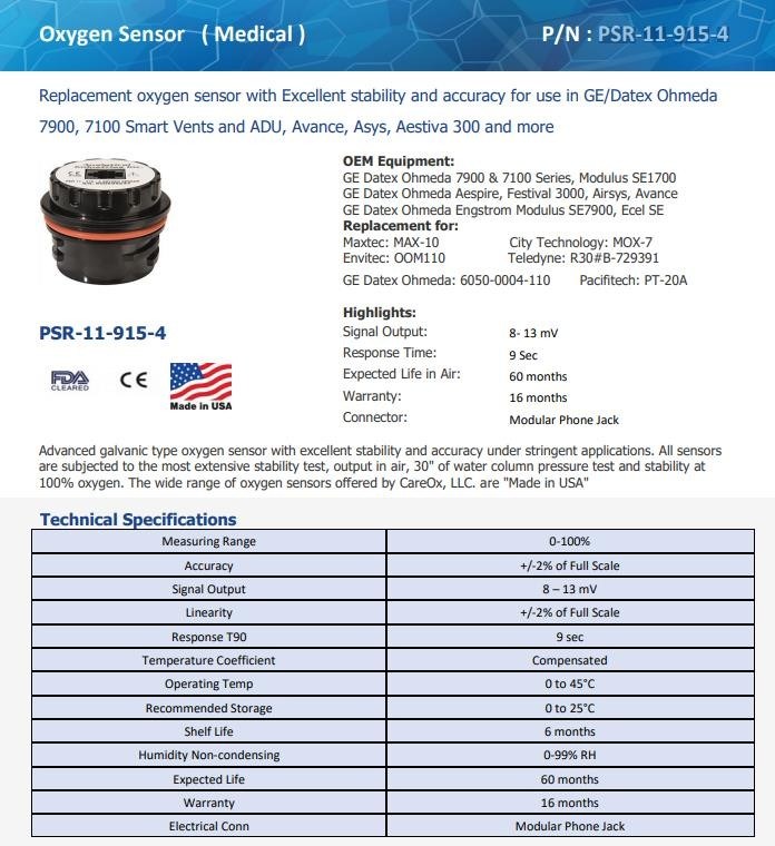 Máy cảm biến oxy y tế không độc hại nhựa PSR-11-915-4