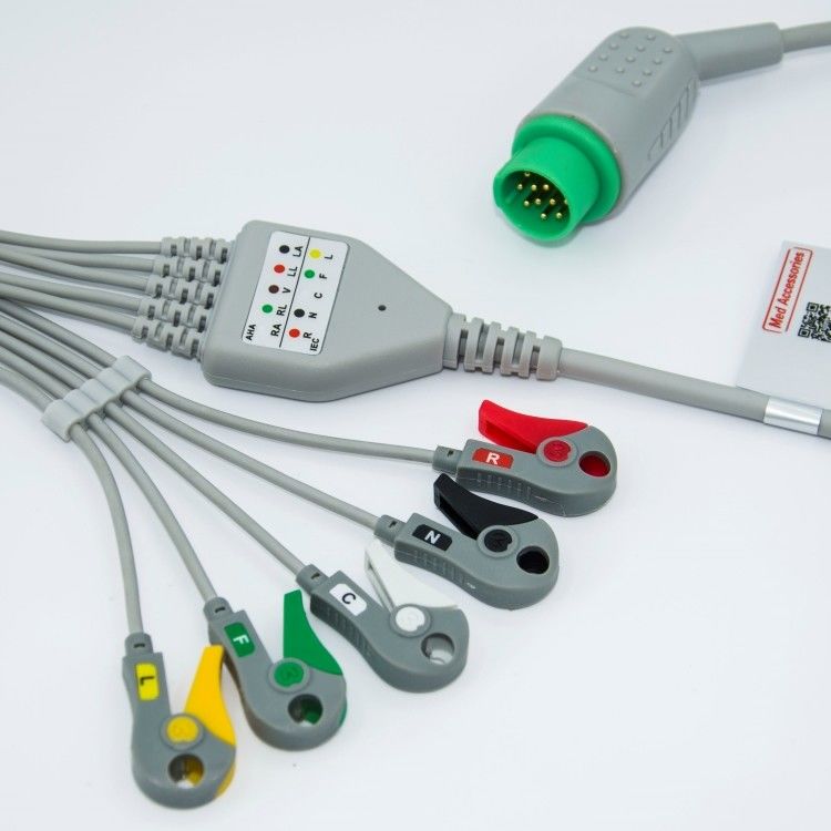 Bộ phụ kiện giám sát chăm sóc y tế Bioluminescent ECG Cable 12 Pin 5 Leads Grabber End Một mảnh 3.4m Size